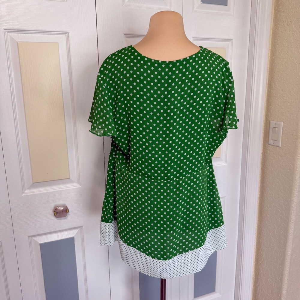 Lane Bryant Green White Polka Dot V-Neck Flutter Sleeve Blouse 14/16 Tunic - Picture 4 of 7